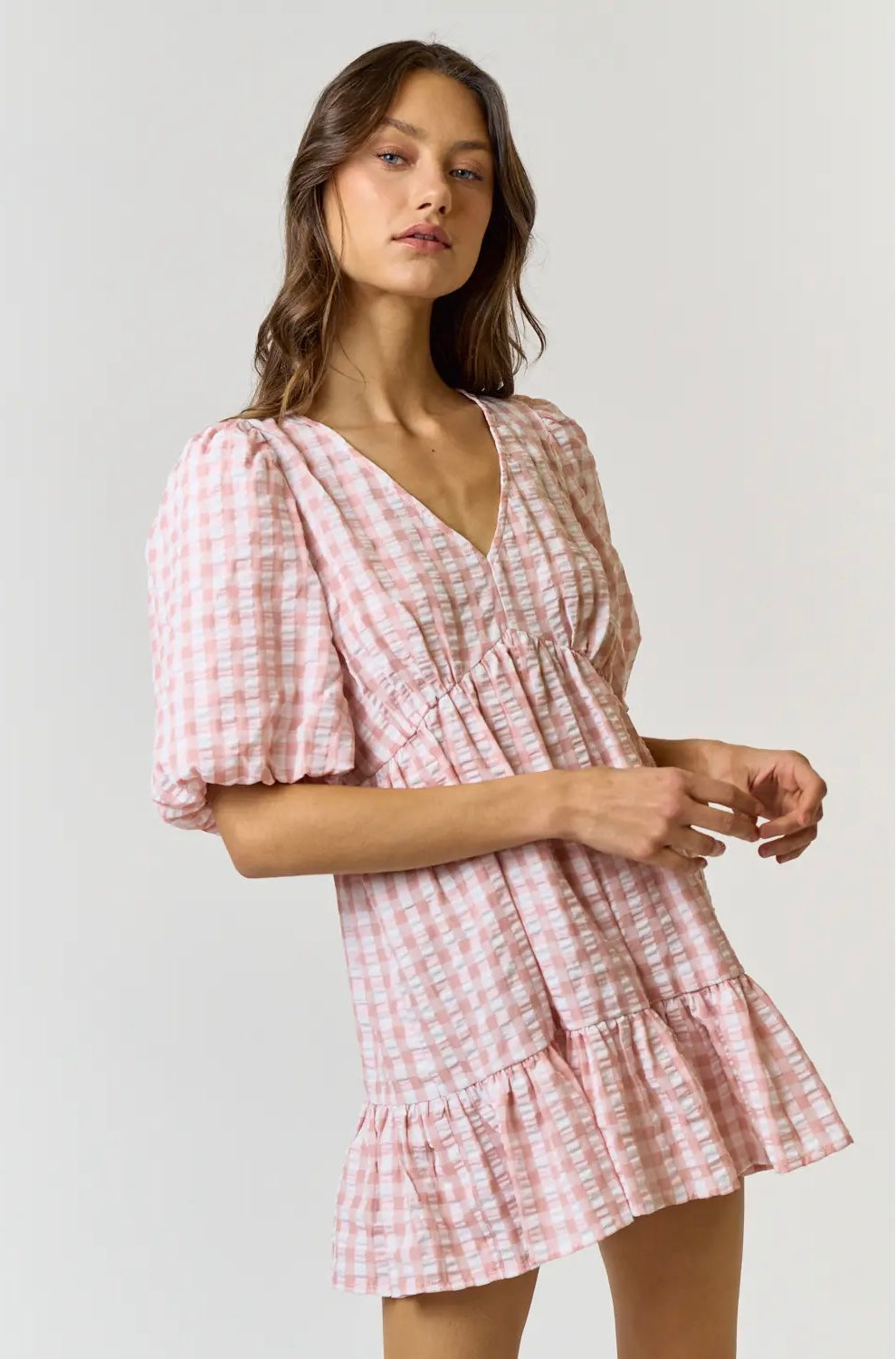 New Beginnings Plaid V-Neck Puff Sleeve Romper