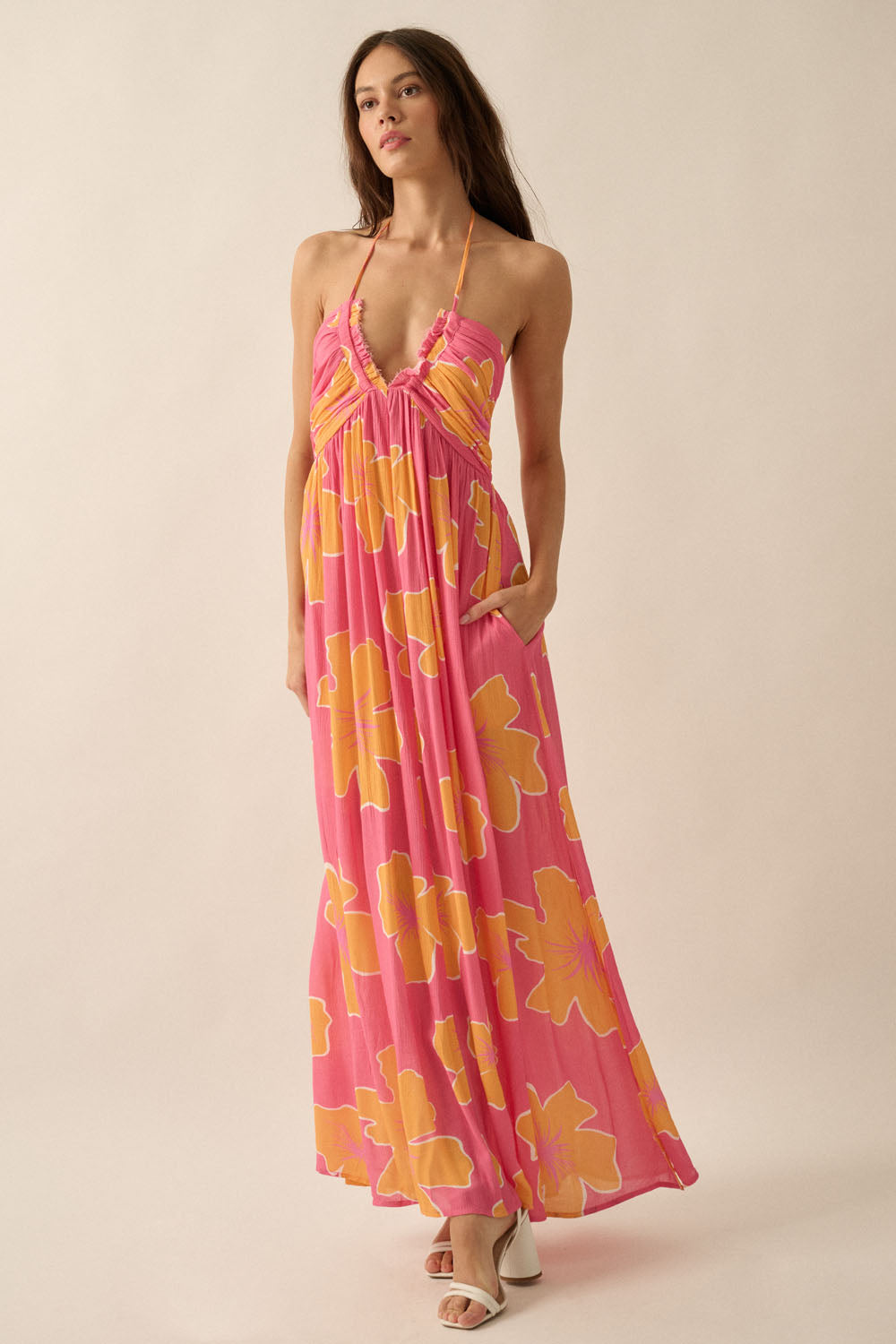 Bloom Wildly Floral Halter Tie-Back Crepe Maxi Dress