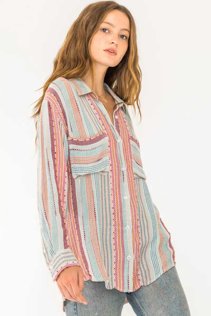Emberly Multi Color Striped Textured Long Sleeve Shirt