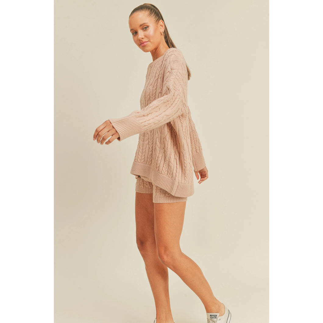 Lana Long Sleeve Cable Knit Sweater And Shorts Set