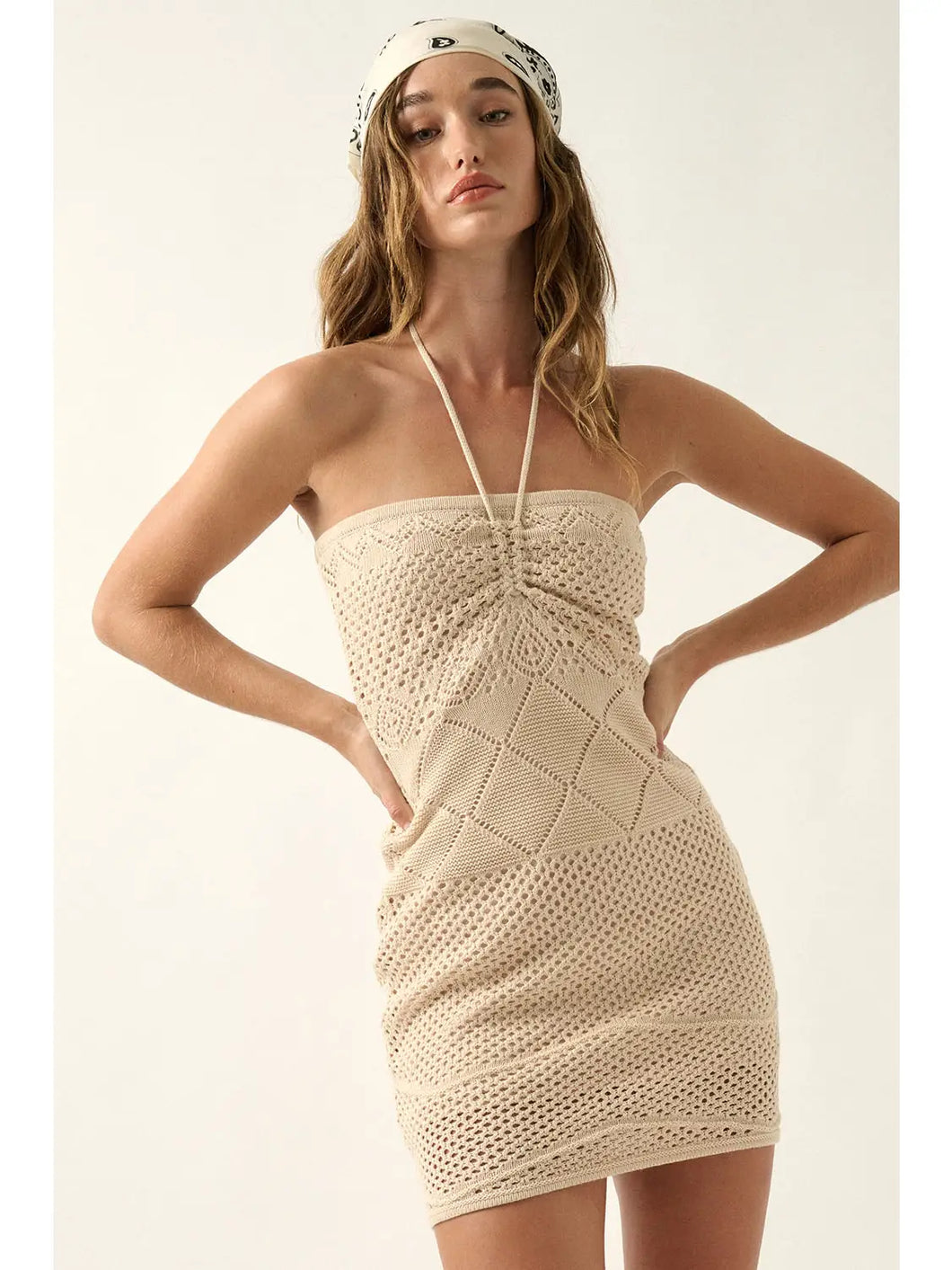 Feels Like Summer Crochet Knit Halter Mini Dress